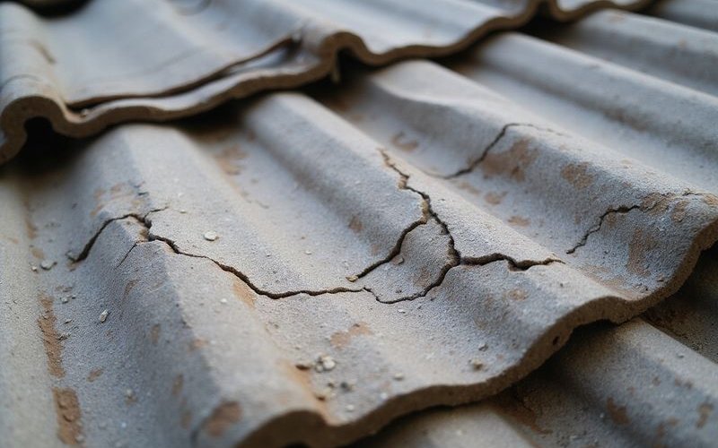 Close up view of water stained ceiling showing brown discoloration from roof leak
