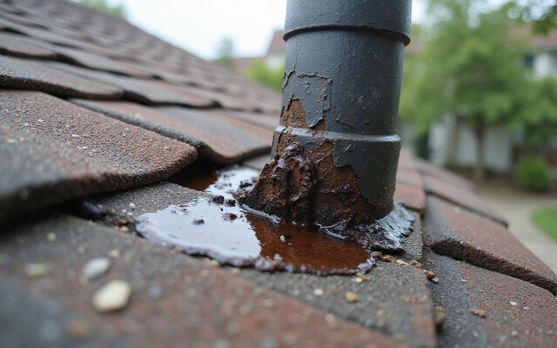 Close-up of deteriorated roof flashing causing water infiltration