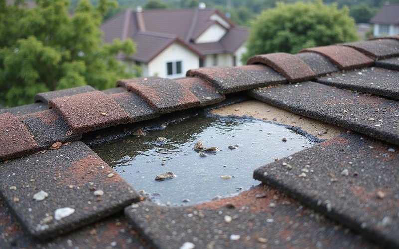 Failed temporary patch showing recurring leak and water damage