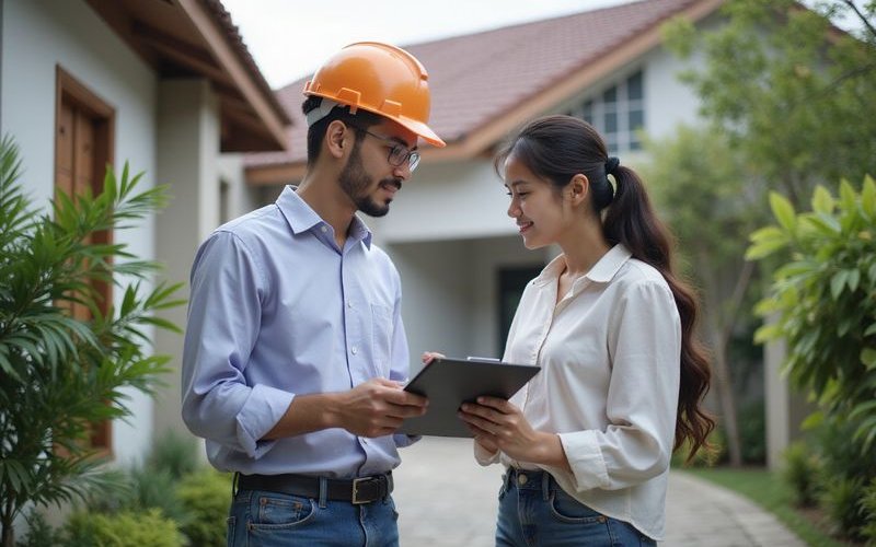 Professional roofer explaining repair quote to homeowner