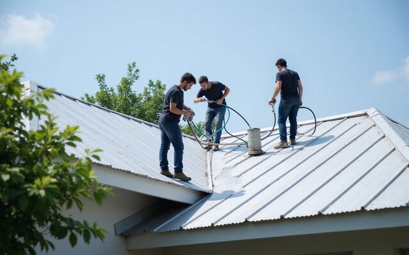 Professional team applying reflective roof coating on terrace house roof