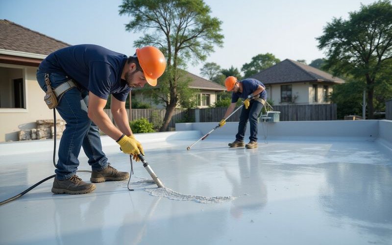 Professional team applying waterproofing membrane on concrete flat roof with proper equipment