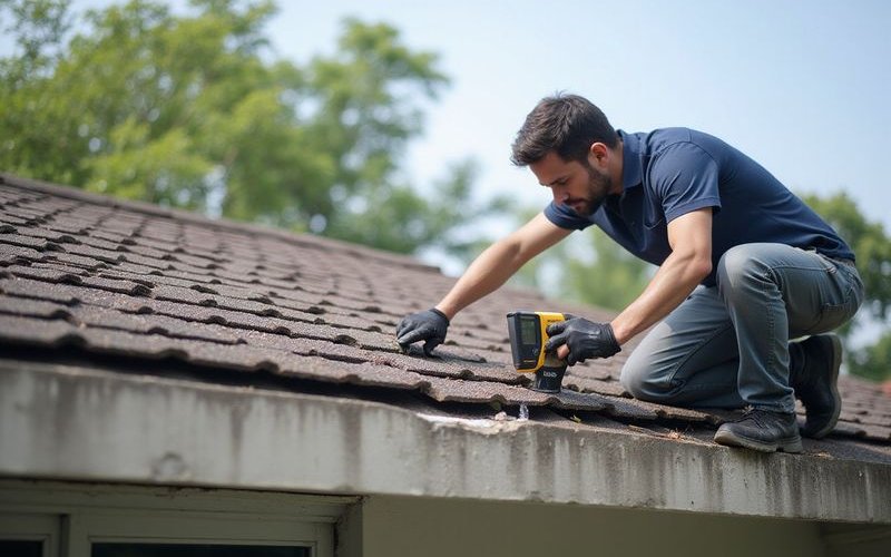 Professional technician performing detailed roof leak inspection with moisture detection tools