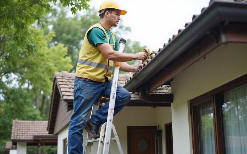 Technician safely cleaning roof gutter from ladder on residential home