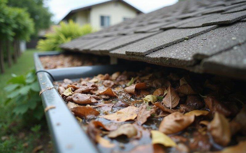 Clogged valley gutter with debris causing water overflow