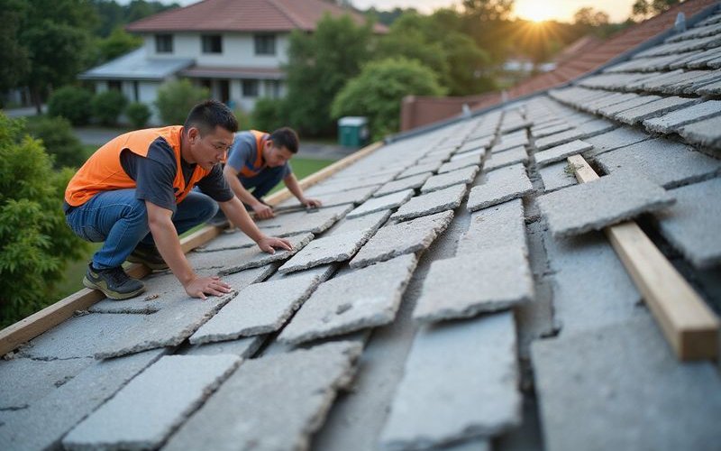 Workers installing new concrete tiles on battens with proper technique