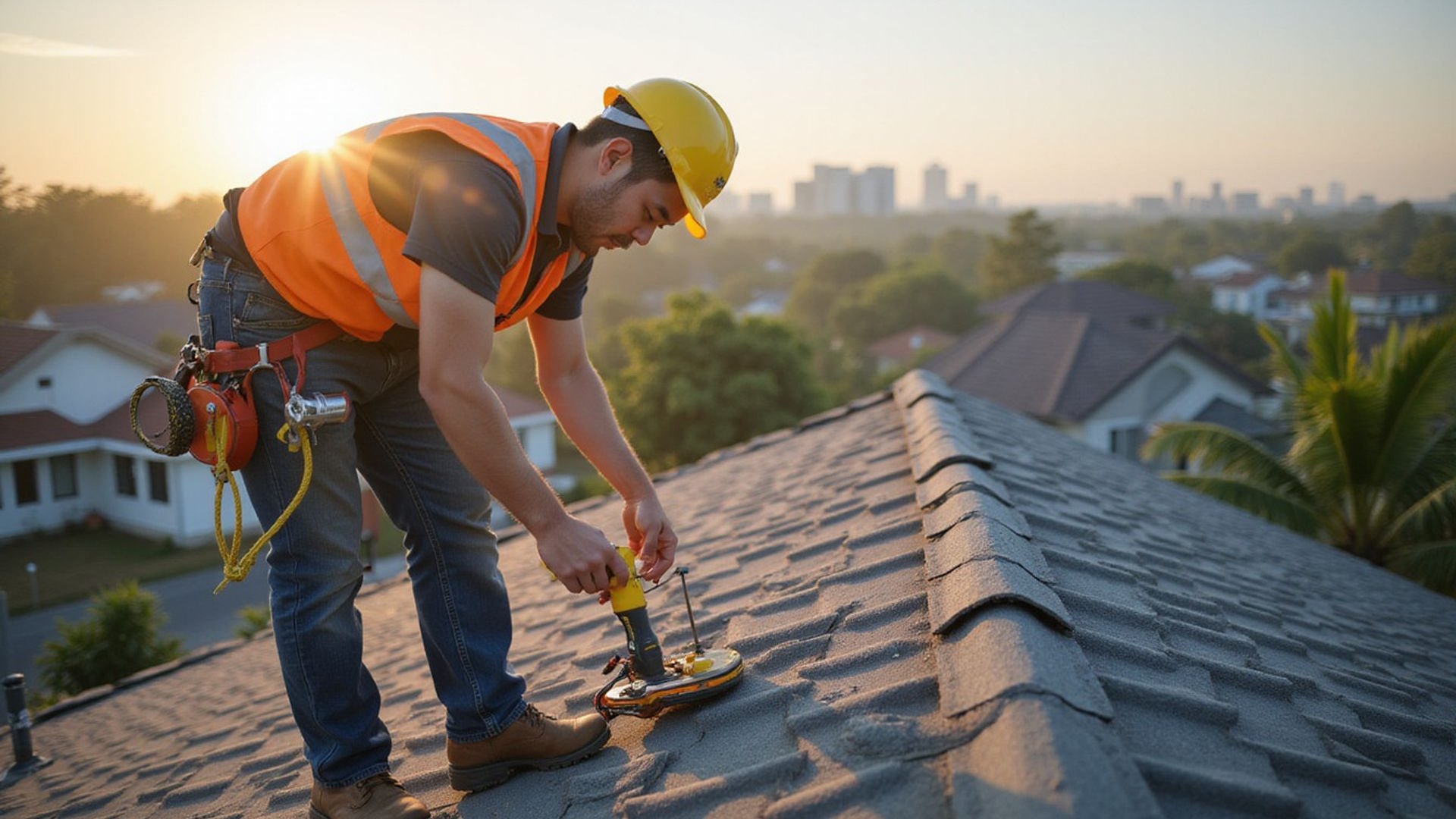 Professional roofing contractor inspecting residential roof in Petaling Jaya